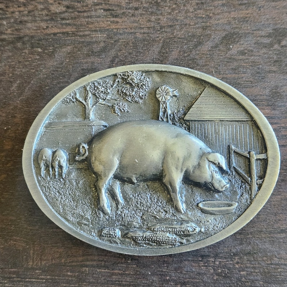 Vtg 1987 CJ Inc‎ Pewter Belt Buckle Pig Farm Barn Corn Windmill USA